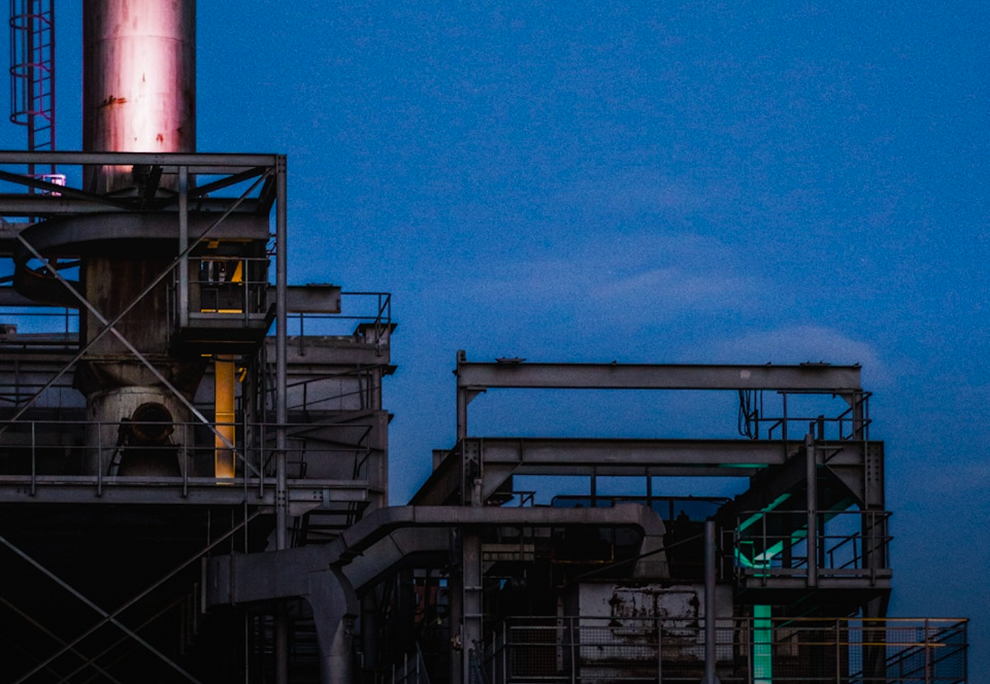 Industrial processing plant with steel structures and piping